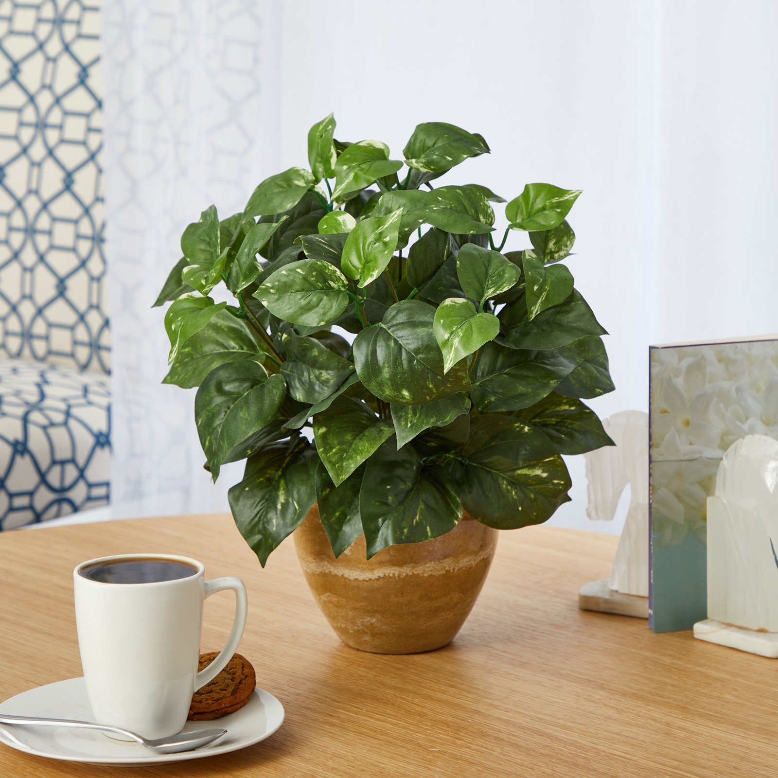 14 Inch Pothos Artificial Plant in Ceramic Planter Realistic Greenery Home Decor