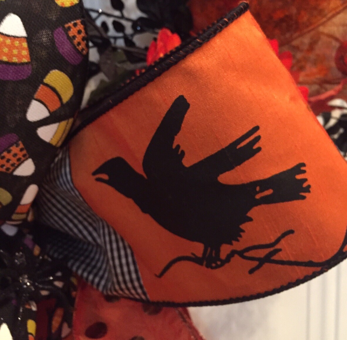 Halloween Spooky Wreath With A Black Evil Crow And Creepy Black Spiders