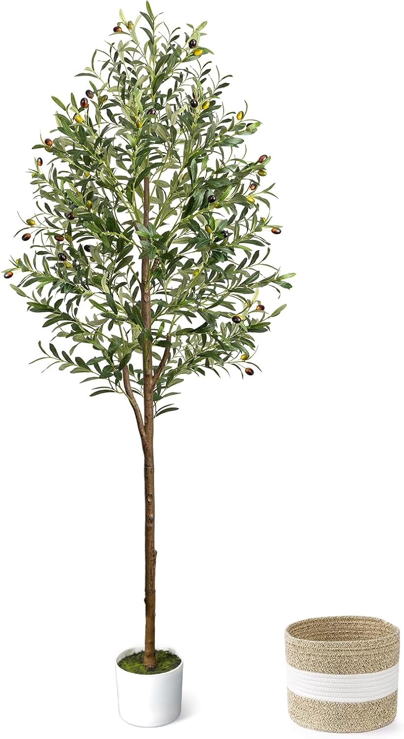 6FT Artificial Olive Tree – Indoor Tall Faux Olive Trees with Planter&Basket,