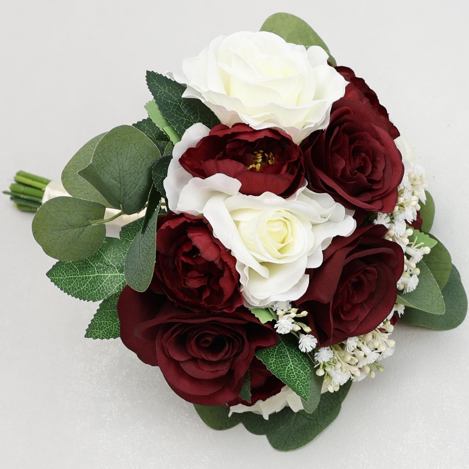 Burgundy White Silk Rose Peony Bridesmaid Bouquets Wedding Decor 11″ 2 PCS