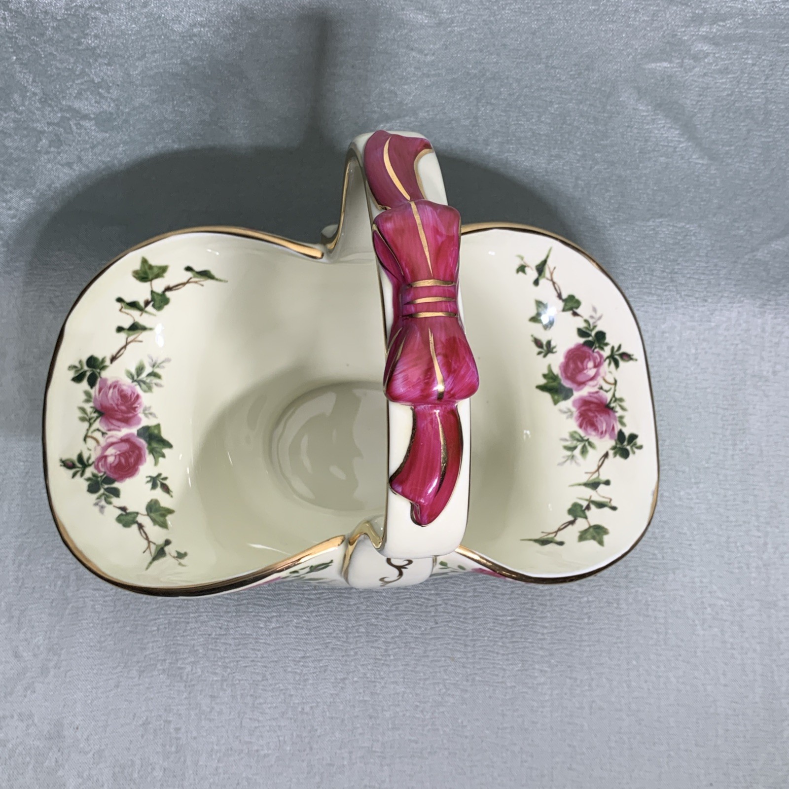 Beautiful Floral Pink Rose And Gold Trimmed Porcelain Basket 11” X 11”X6”