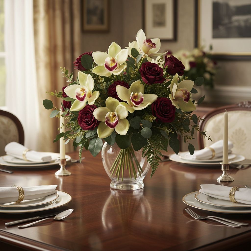 Artificial Cymbidium Orchid Stems Cream Green Burgundy Faux Orchid Bouquet Reali