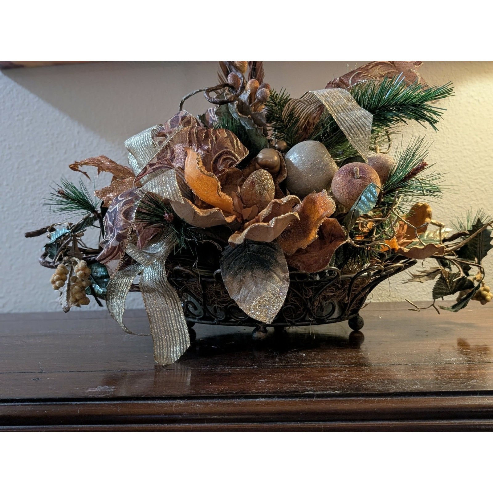 Rust Tan Gold Floral Autumn Fall Thanksgiving Centerpiece Pheasant Feathers