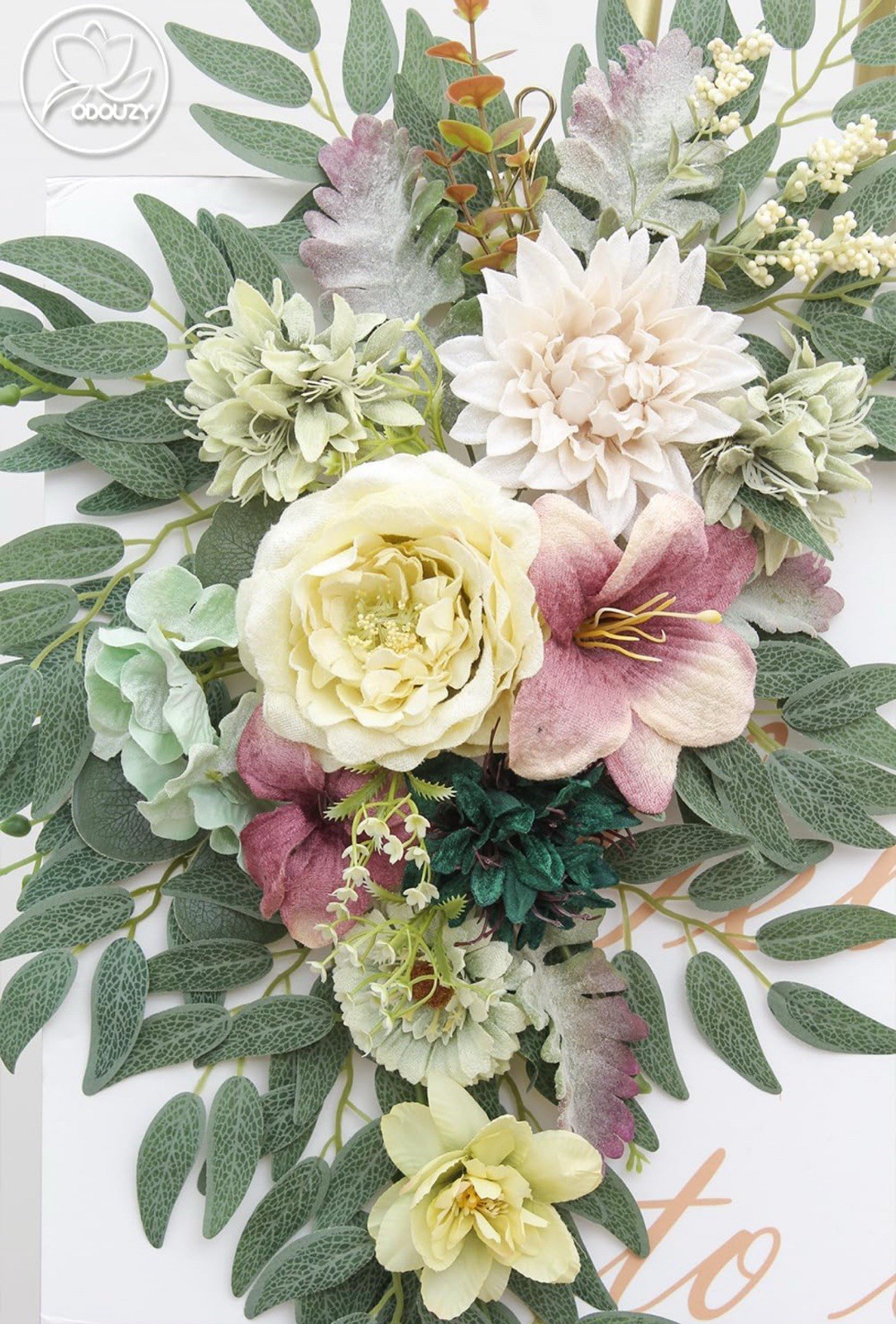 2Pc Wedding Arch Flowers White Ivory Peony Eucalyptus Floral Welcome Sign Decor