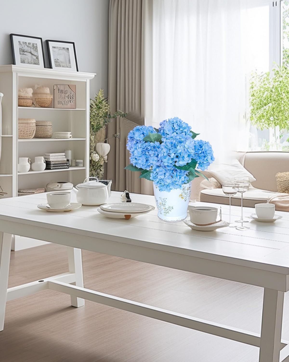 6PCS Premium Blue Silk Hydrangea Artificial Flowers Bouquets – Realistic Fake Hy