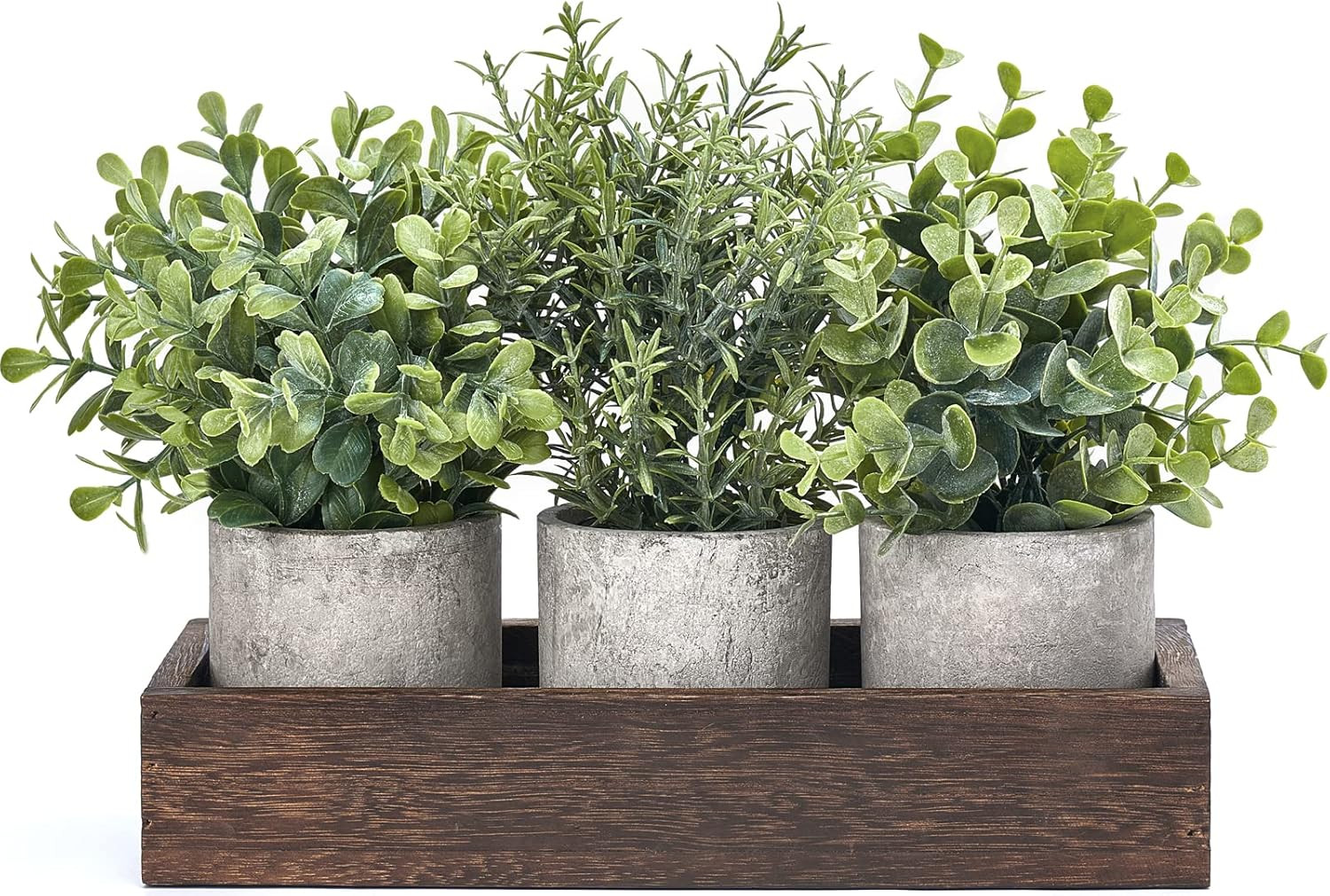 3 Pack Mini Potted Artificial Eucalyptus Fake Plants with Wood Tray Centerpiece