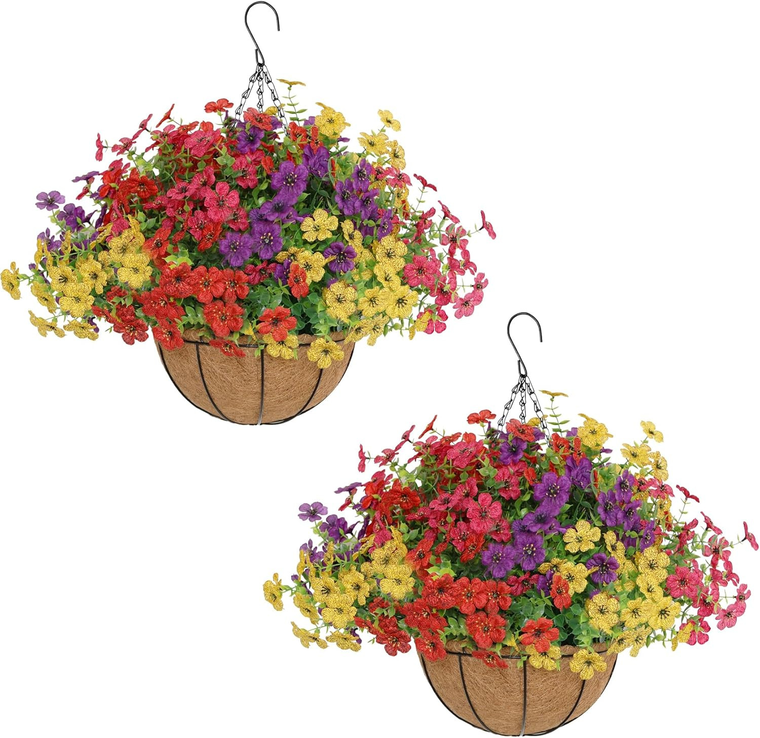 UV Resistant 2 Set Faux Hanging Flowers with Basket for Outdoor Decor