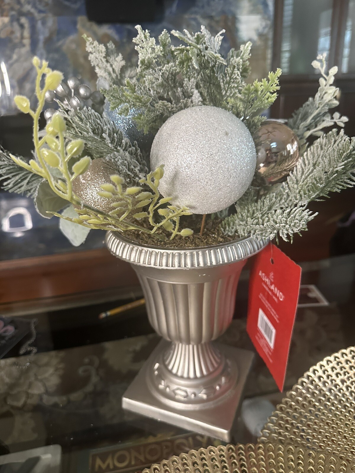 18” Pink Gold Pastel Lavender Christmas Floral Arrangement in Urn $60 Vase holi