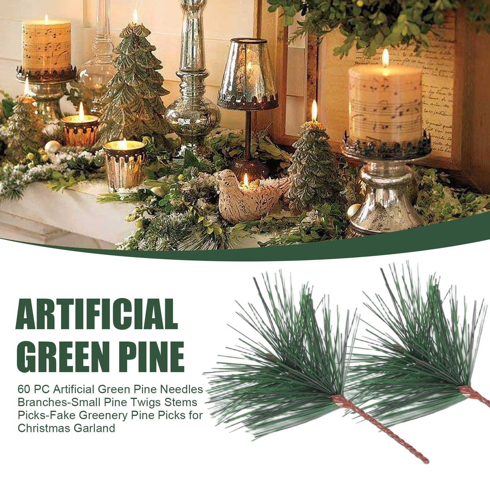 60 PC Artificial Green Pine Needles Branches-Small Pine Twigs Stems5149
