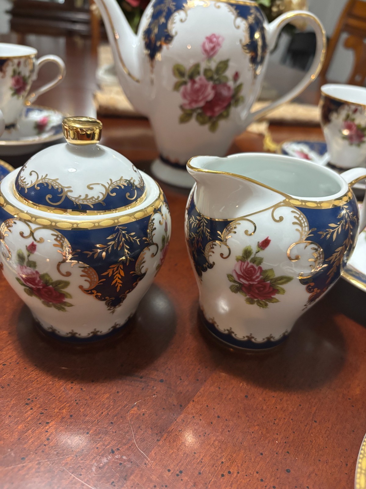 Sorelle Fine Porcelain Hand Crafted dark blue gold pink tea set 17 pcs
