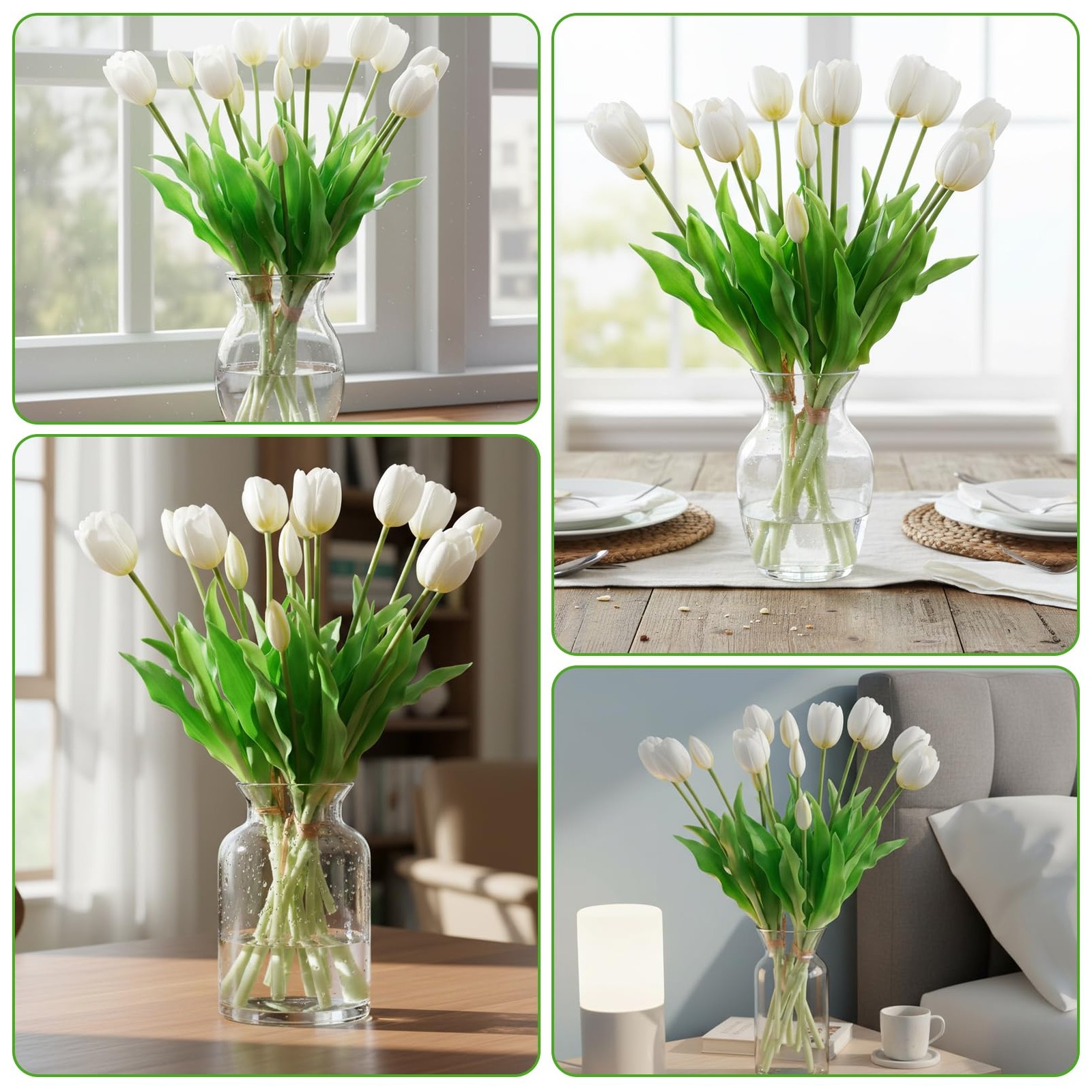 15 PCS Artificial Tulips Flowers Faux Latex White Real Touch Soft Faux