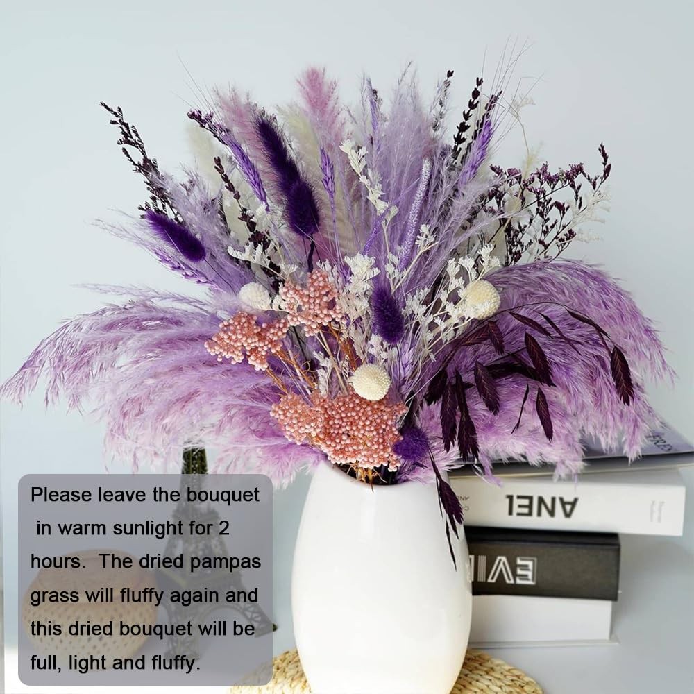 Dried Pampas Grass Bouquet 17″ Purple White Natural Bohemian Wedding Decor