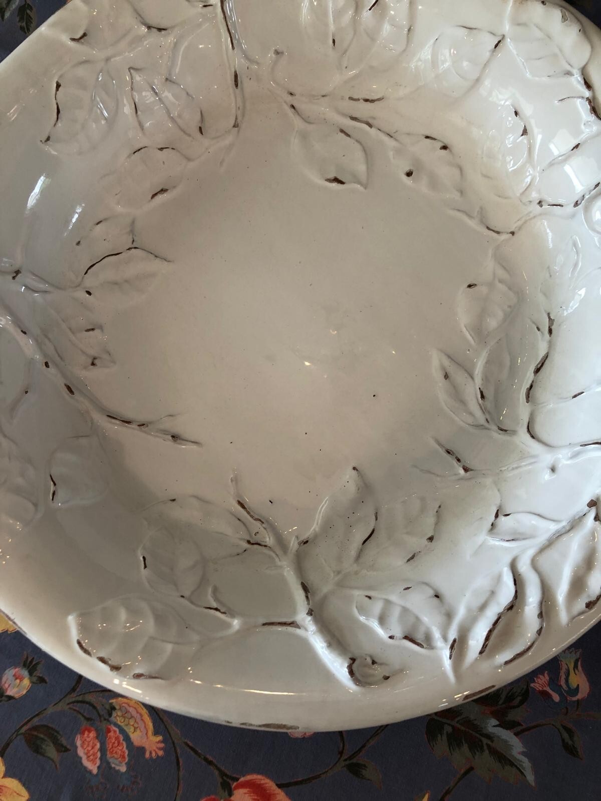 Italian Plate with leaves in relief brownish markings 20” Diameter