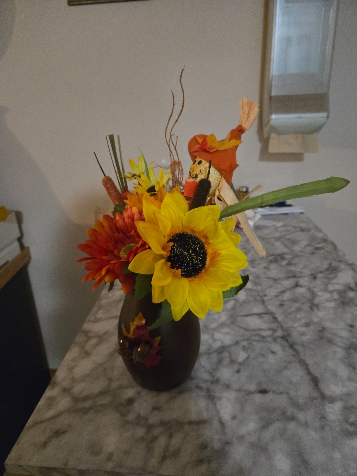 Blooming Autumn Floral Arrangement Fall 8” Glass Vase 4” Artificial Silk New