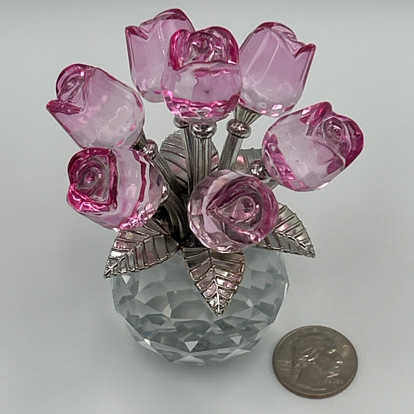 Handmade Crystal Glass Pink Rose Bouquet Flowers Vase Figurine + Gift Bag & Card