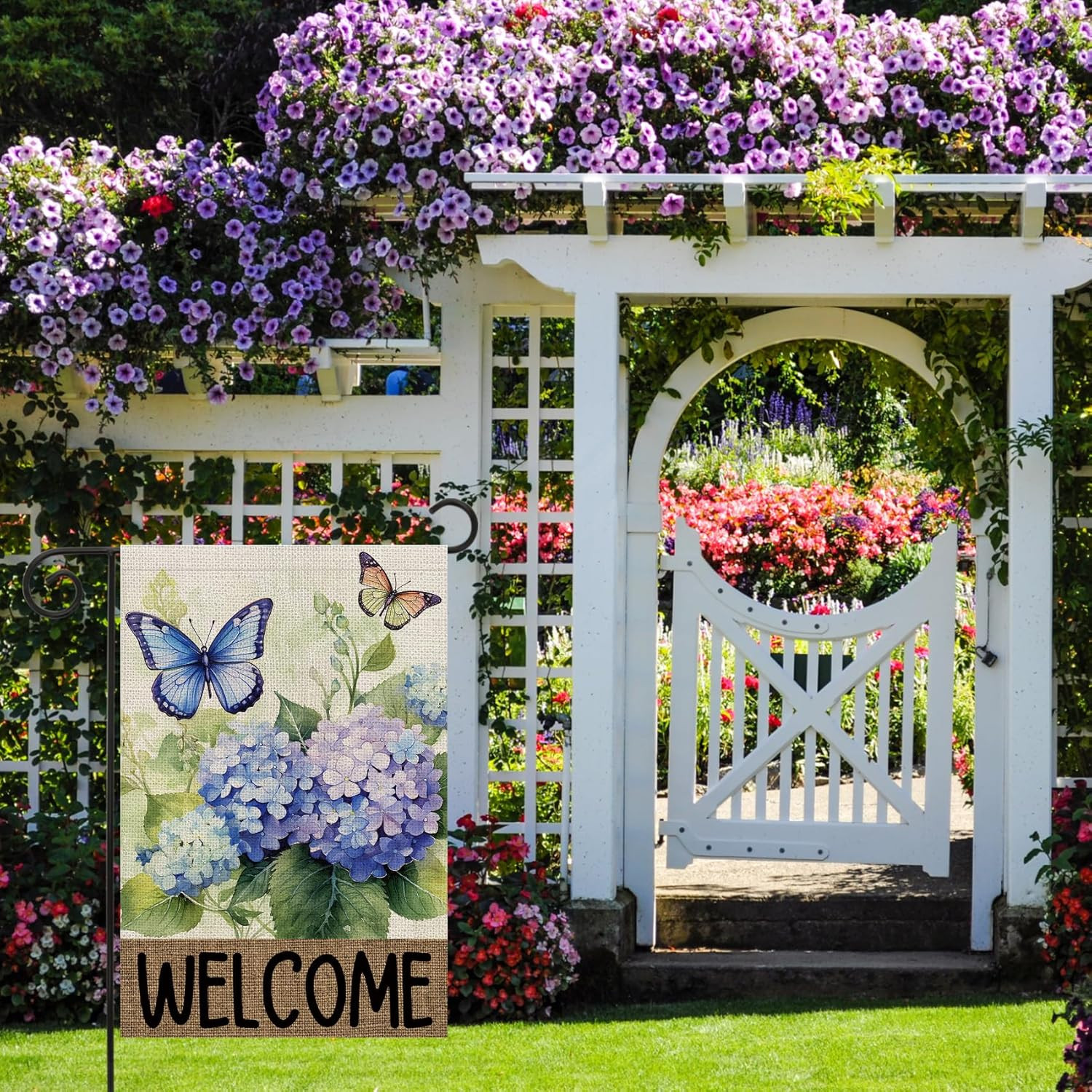 Welcome Hydrangea Floral Butterfly Decoration Double Sided Vertical Burlap Garde