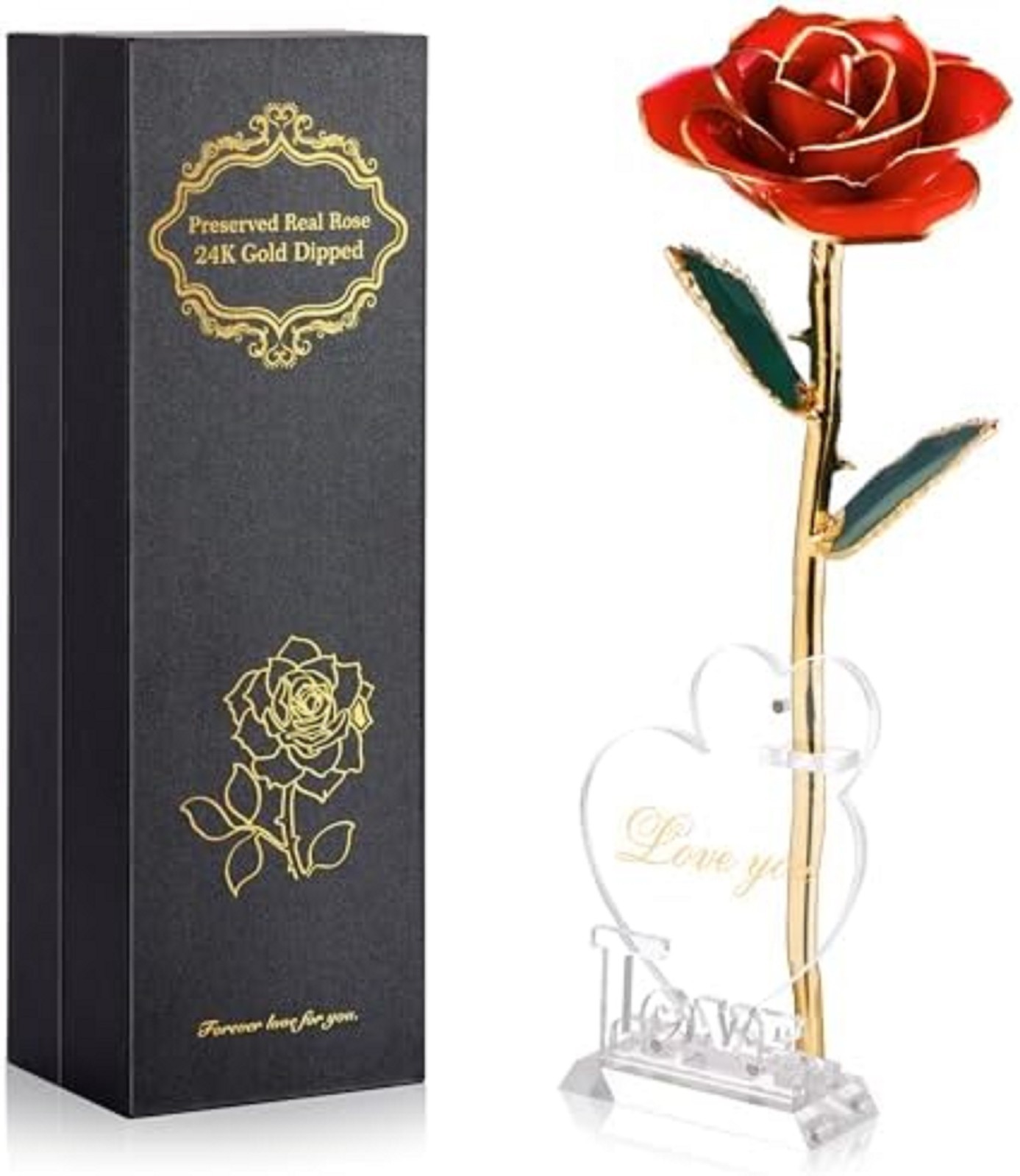 24K Gold Dipped Real Rose with Stand – Forever Gift for Her, Red