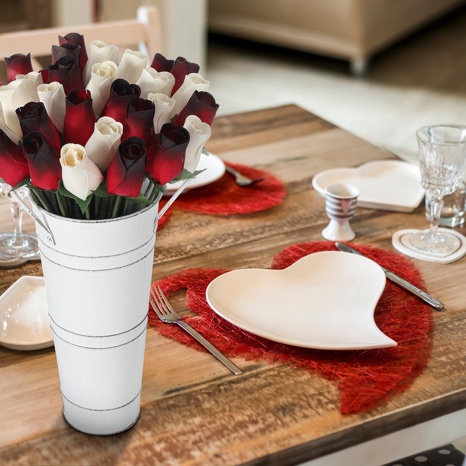24 PCS Wooden Roses 13 Inch Realistic Wood Flower Red White Wedding Decor
