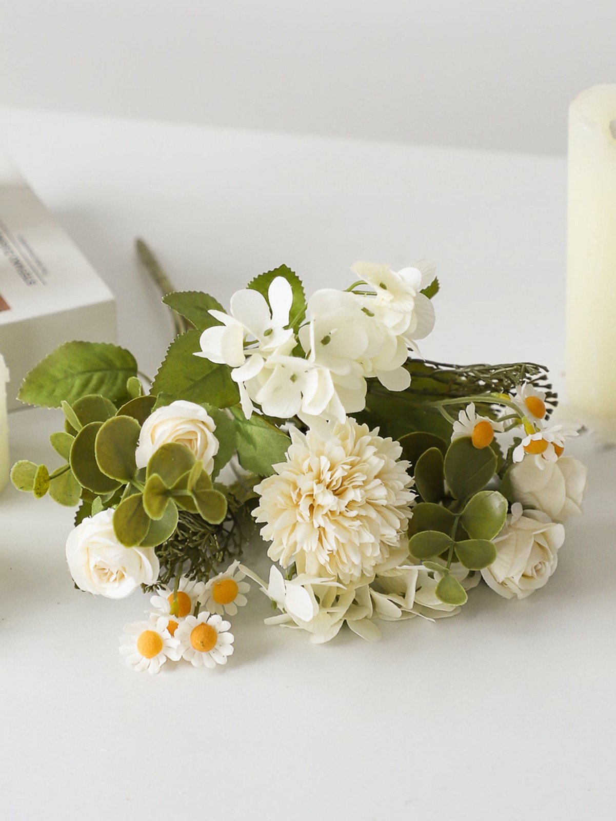 2pcs White Lifelike Artificial Flower Bouquet With Roses Hydrangea And Daisies