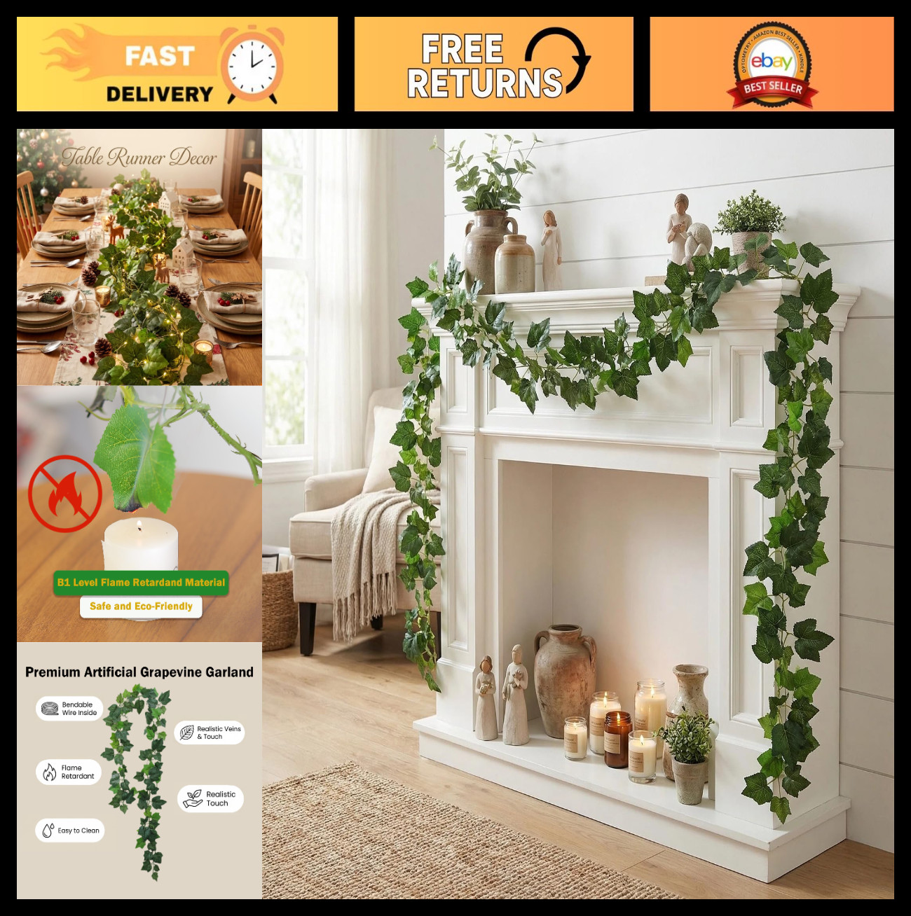 2Pcs 157″ Fireproof Faux Grape Vine Garland – Bendable Silk Ivy Leaves for Home