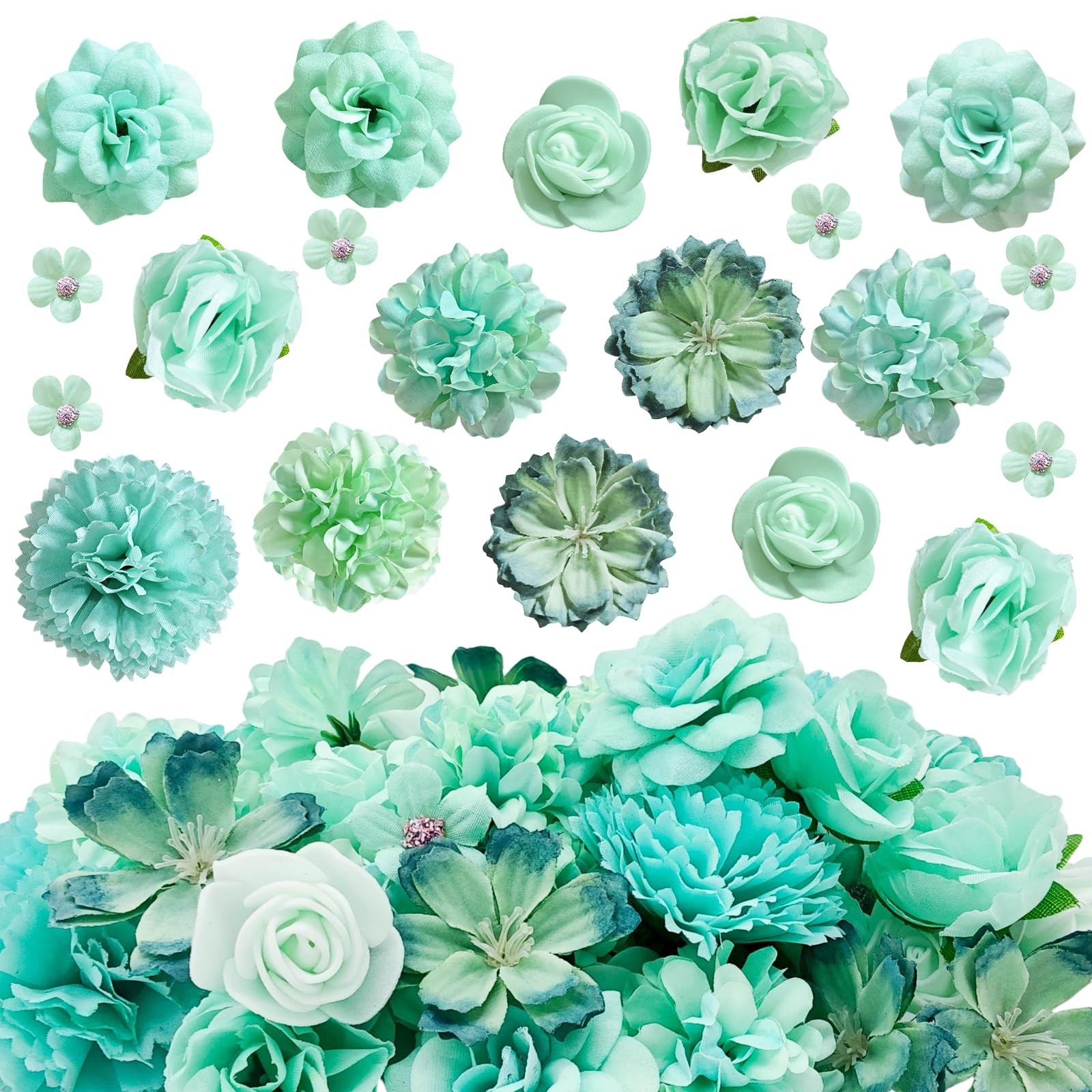 Mini Artificial Flowers Heads Mint Green Silk Peony Daisy Rose Mix 70 PCS Set
