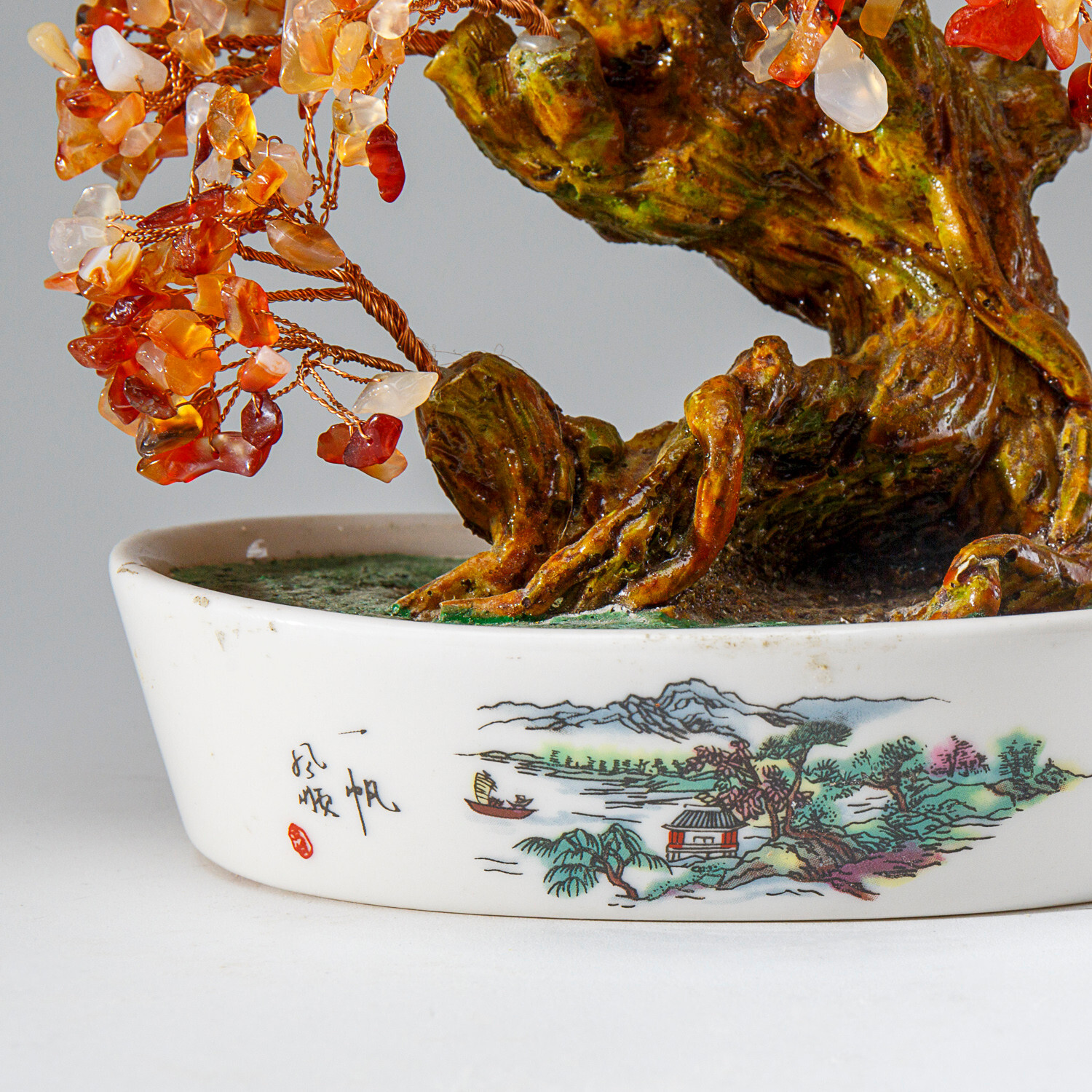 Genuine Carnelian Bonsai Gemstone Tree in Oval Ceramic Pot (9”)