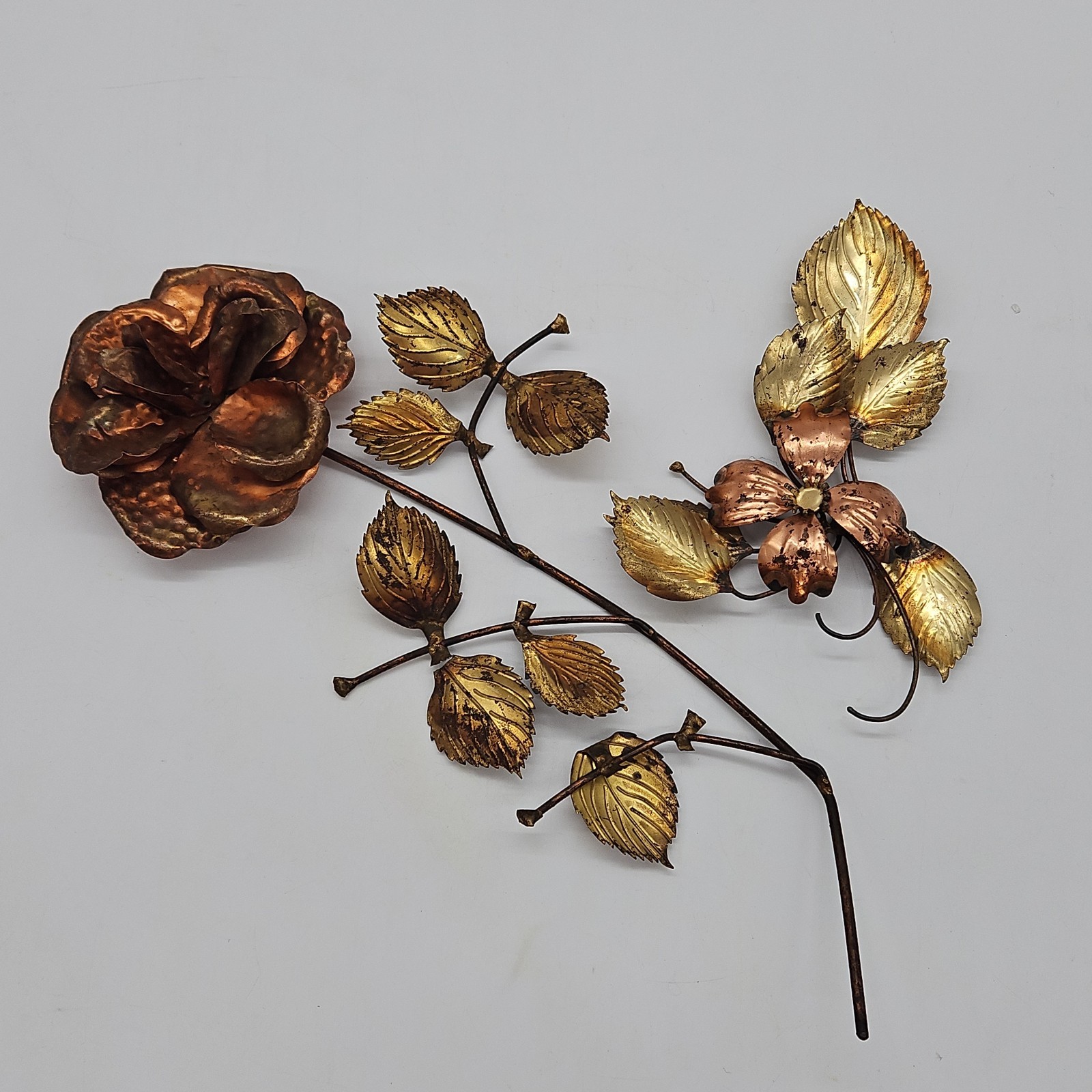 Gold Tone Brass & Copper Flower Roses Leaf Metal Wall Hanging Decor Set
