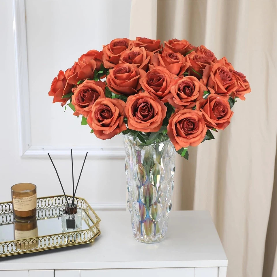 Orange Roses Artificial Flowers -12 Pcs Long Stem Silk Roses, Realistic Fake Ros