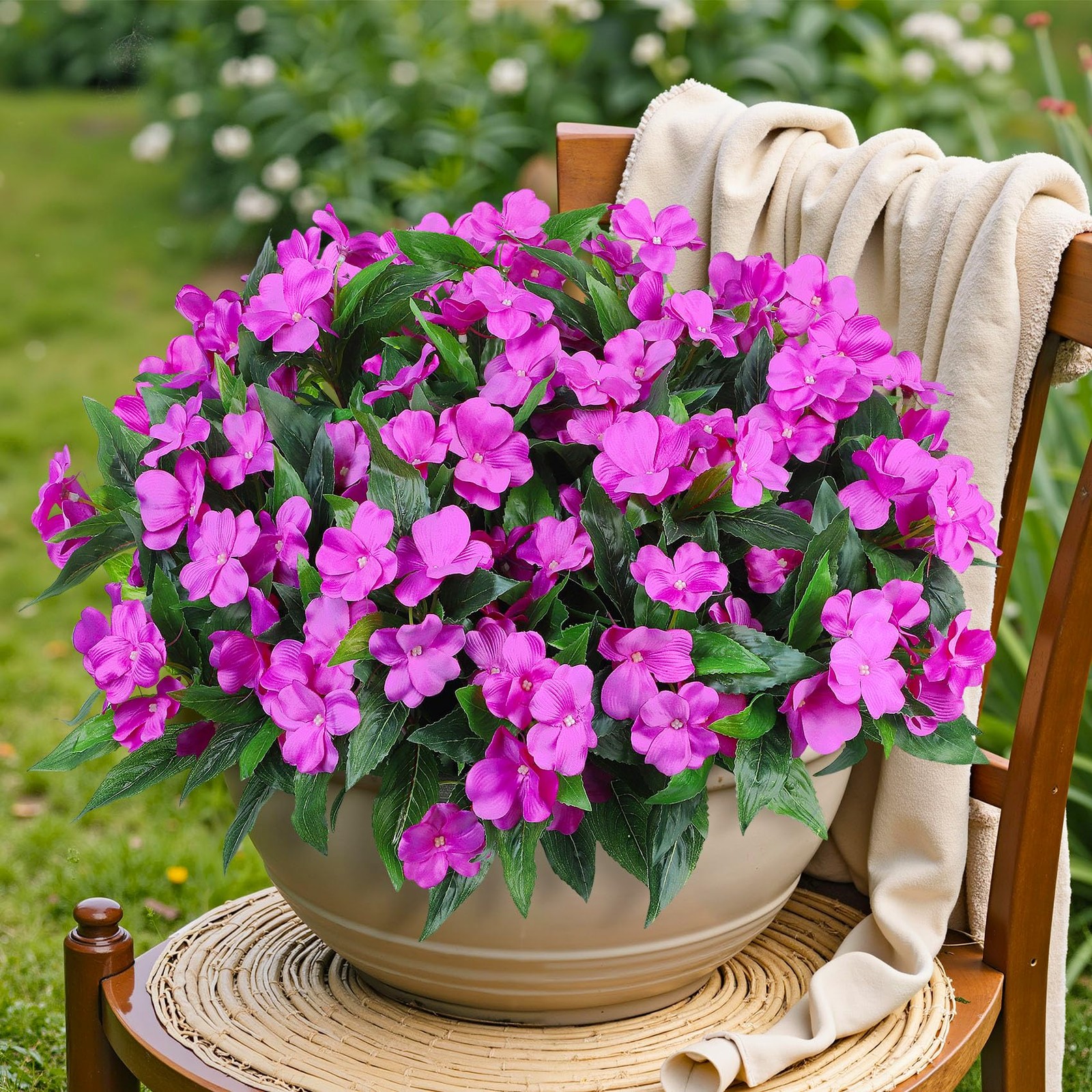 Ouddy Decor 6 Bundles Artificial Impatiens Flowers for Outdoors Decoration, S…
