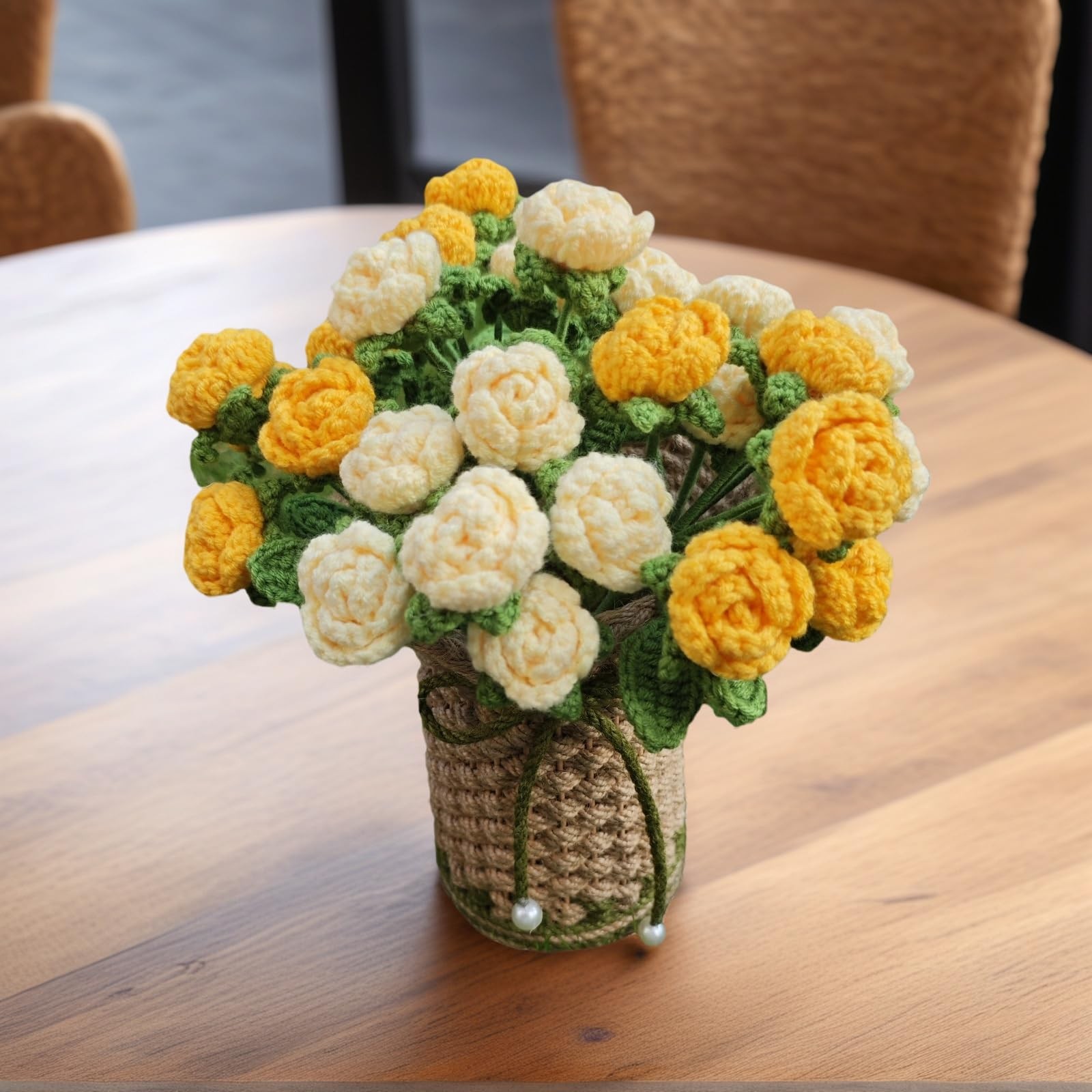 Crochet Red Roses Artificial Flowers Bouquet with Knitted Flower Vase Mothers…