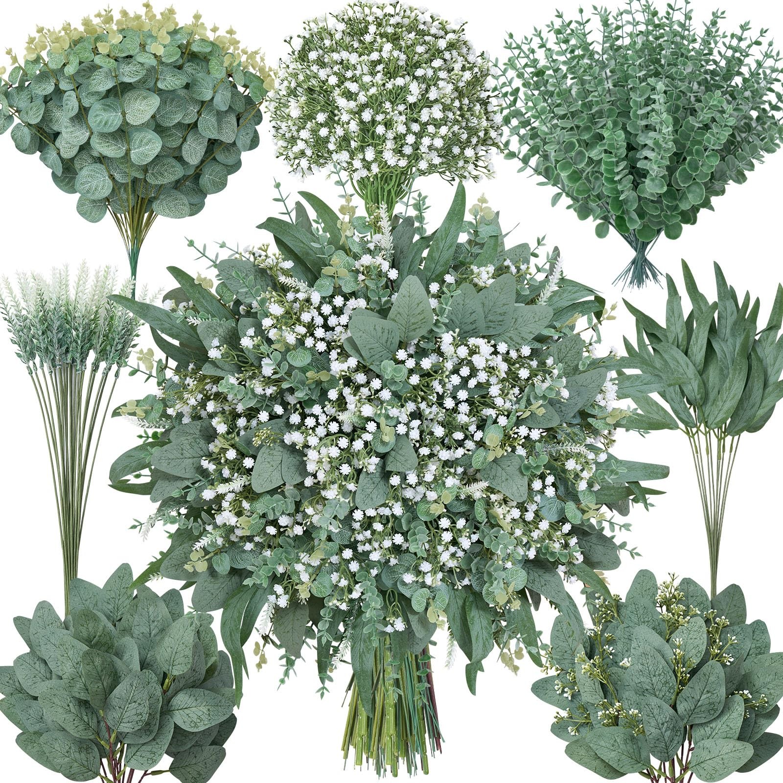 Serwalin 180 Pcs 7 Kinds Mixed Artificial Eucalyptus Greenery Stems Bulk, Bab…