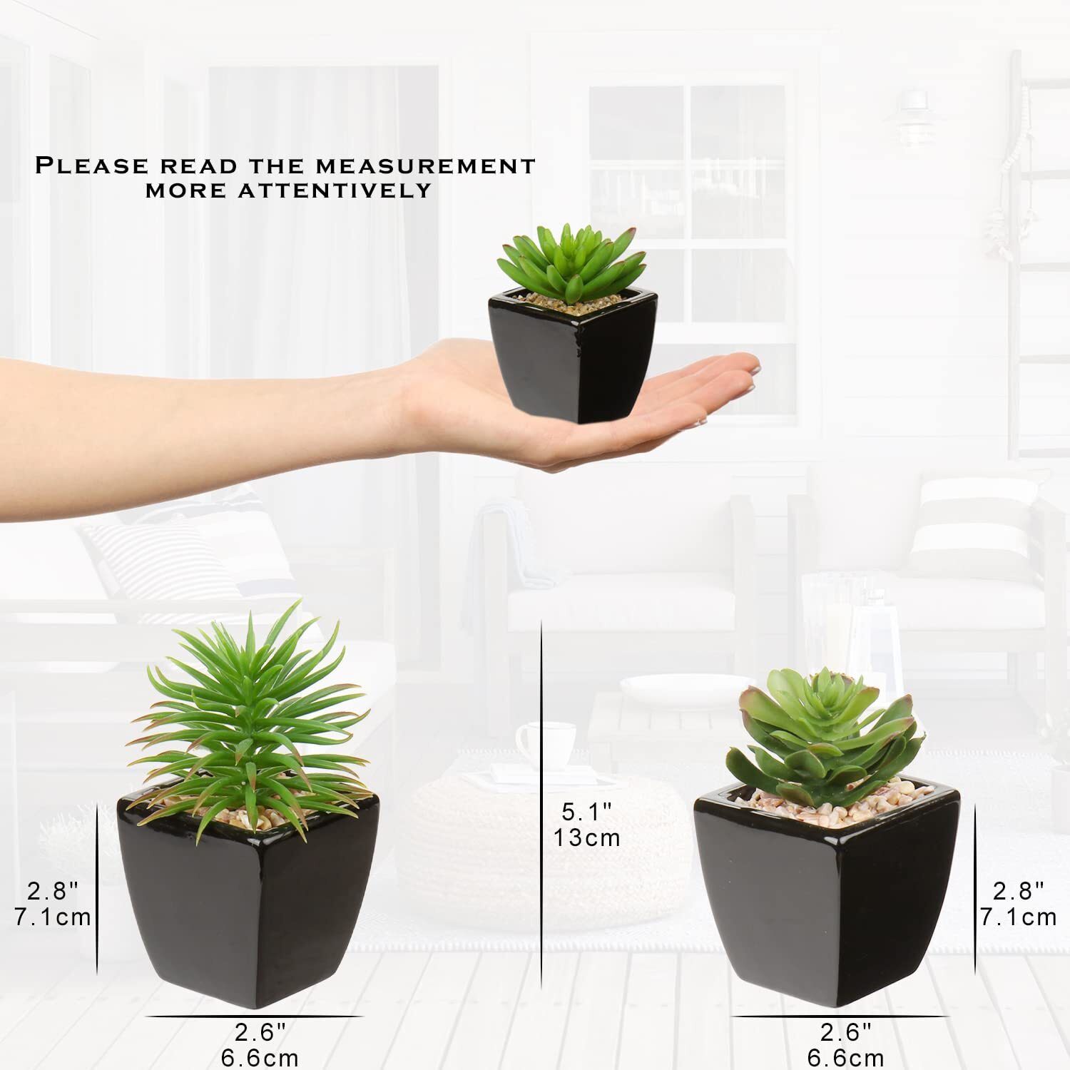3 Pcs Small Succulents Black Ceramic Pots Faux Plants Modern Office Desk