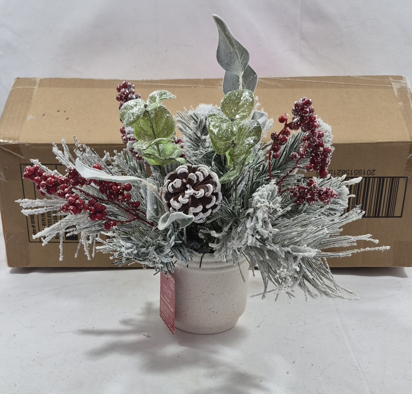 Case Of 4 Holiday Centerpiece Vase Flocked Pinecone & Red Berry Mix Ashland