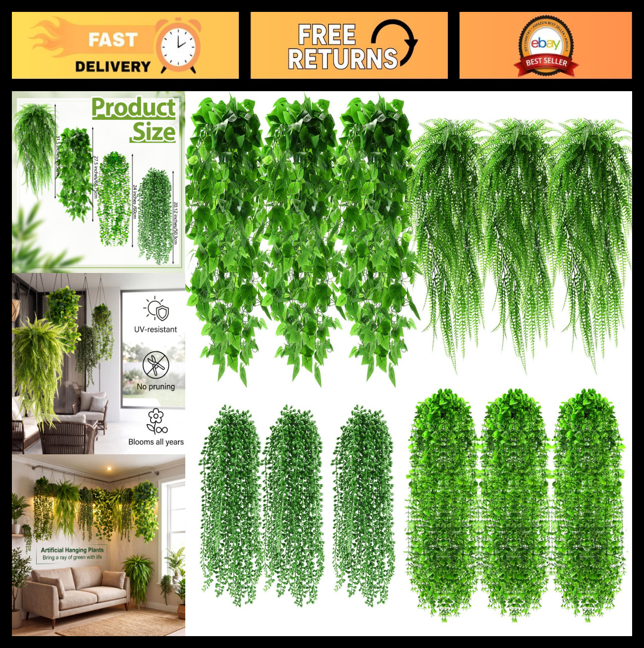 72 Pcs Artificial Hanging Plants – Fake Ferns, Ivy, Eucalyptus, Wall Decor, Indo