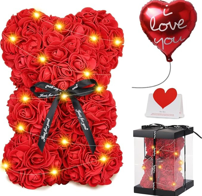 Rose Bear (5 in 1), Rose Teddy Bear with Lights, Ballon, Gift Box and Love Card.