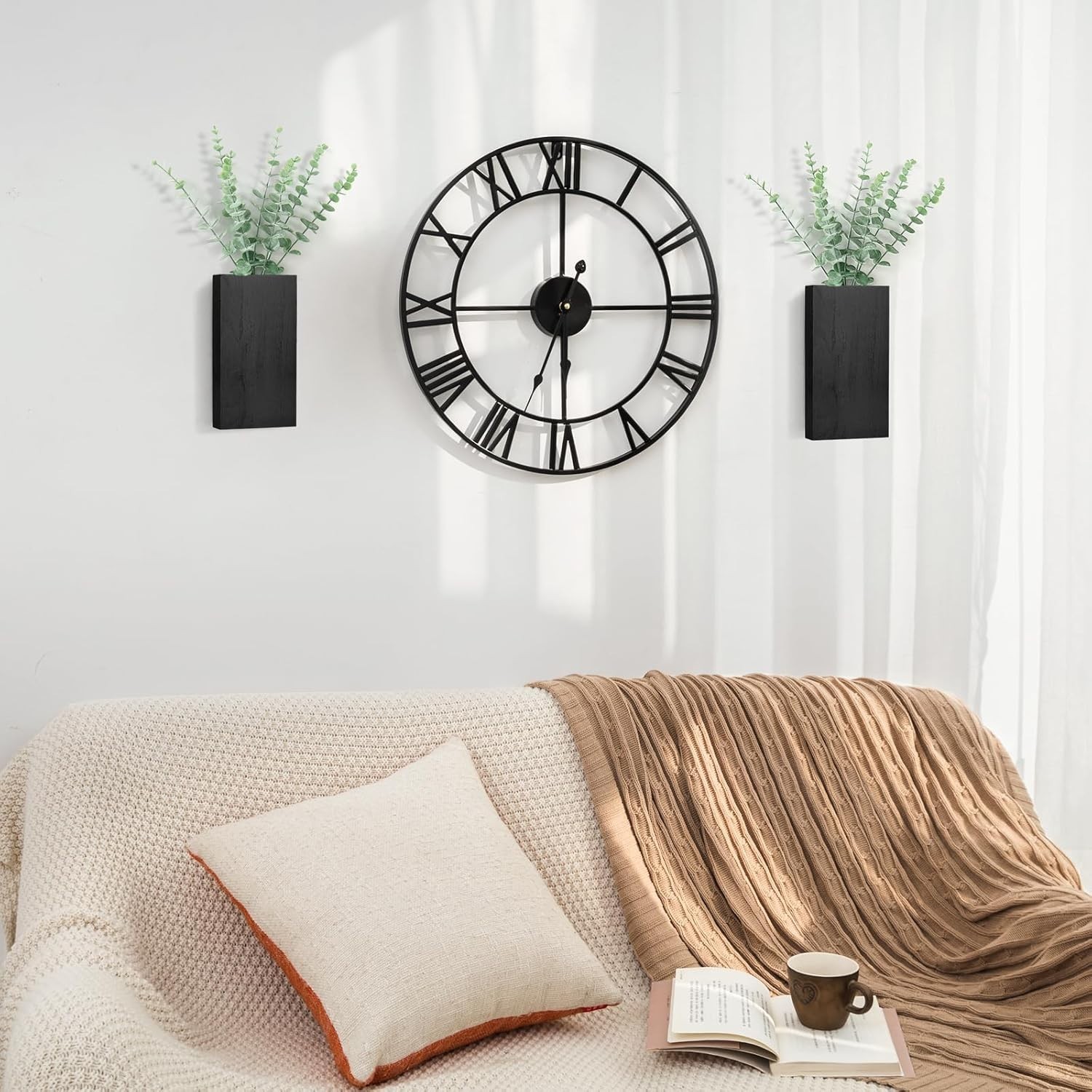 Paquete de 2 macetas de pared de madera con eucalipto artificial, decoración