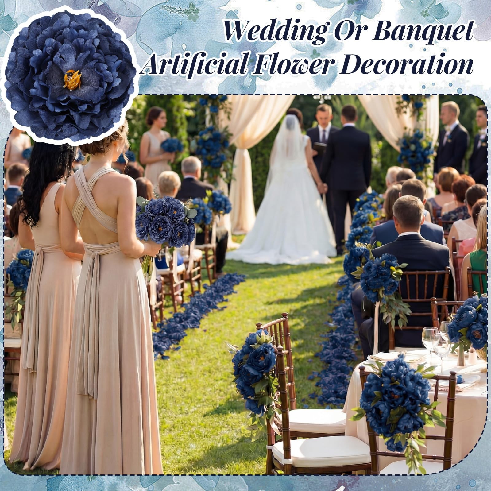Artificial Peonies Flowers 5.5 Inch 50 PCS Ink Blue Silk Wire Branch Bouquets