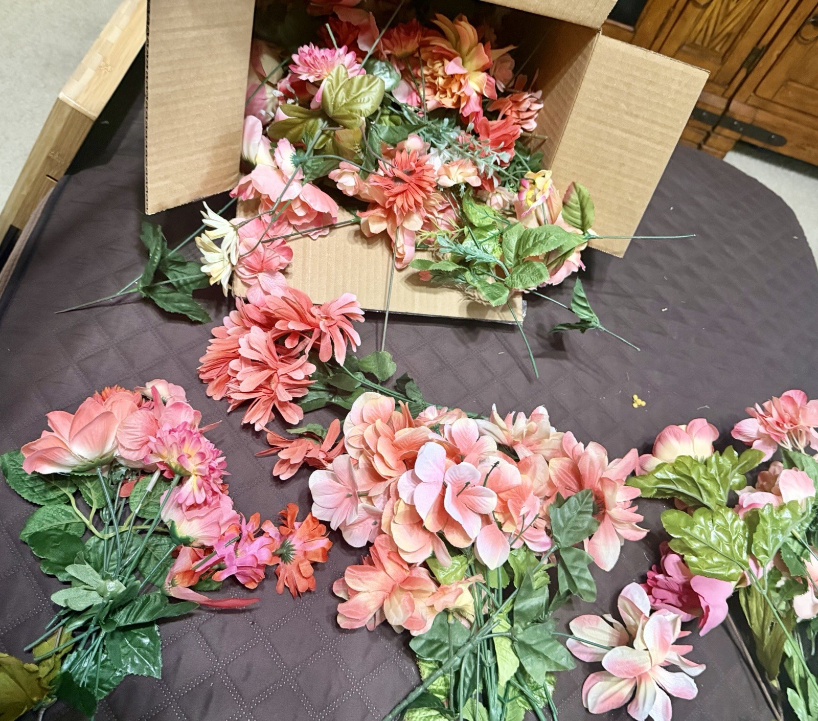 Large Lot / Box of Miscellaneous Artificial Silk Flowers – Bright Coral Shades
