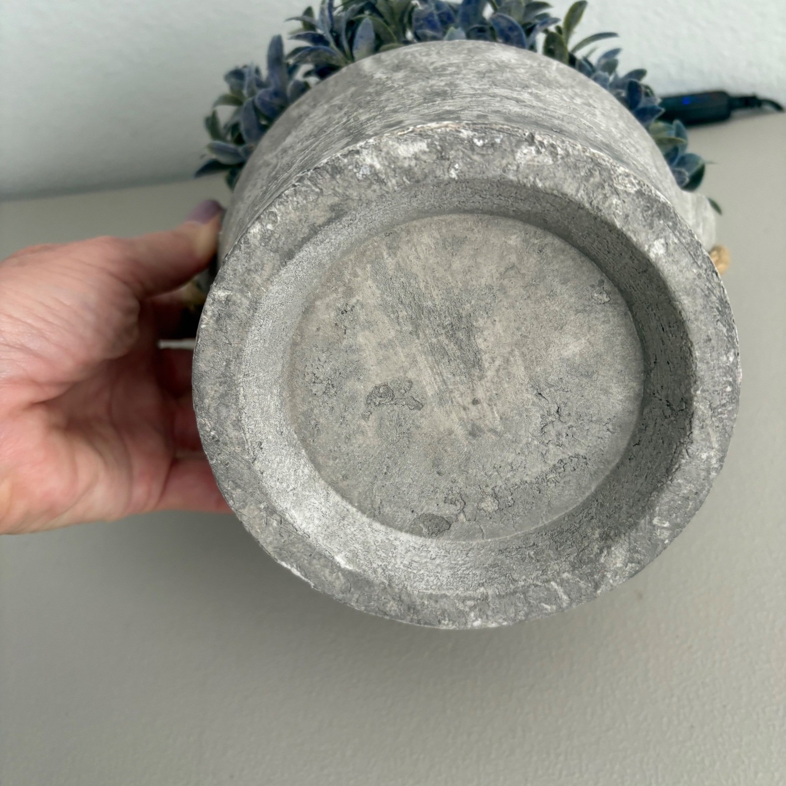 Faux Frosted Greenery Plant in Rustic Gray Pot with Jute Rope Handle Farmhouse