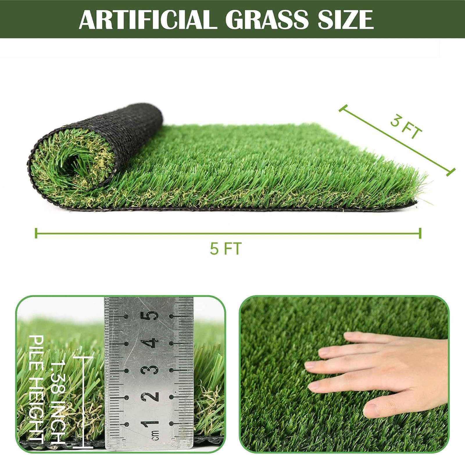1.38″ Artificial Grass Turf 3 x 5 FT, Dog Grass Pads Indoor Outdoor Garden Lawn