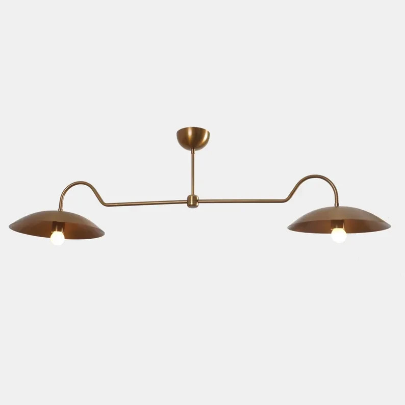 Linear Double Shade Brass Chandelier, Italian Style Mid Century Modern Brass Cei