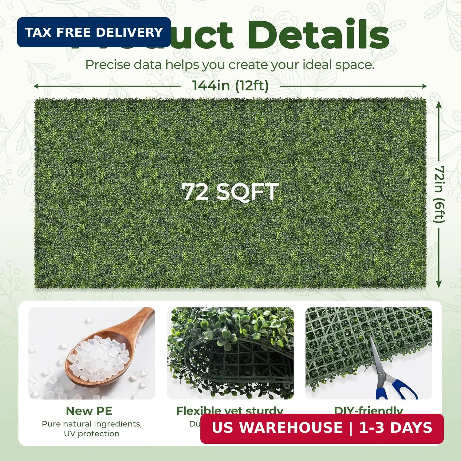 Artificial 72×144 in (72 Sqft) Boxwood Grass Wall Backdrop Roll | UV-Anti Faux G