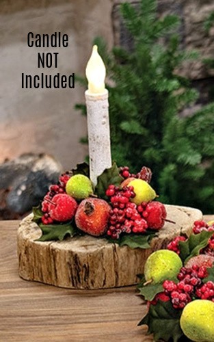 New Farmhouse Primitive Christmas SUGARED FRUIT TAPER CANDLE HOLDER Holly Ring