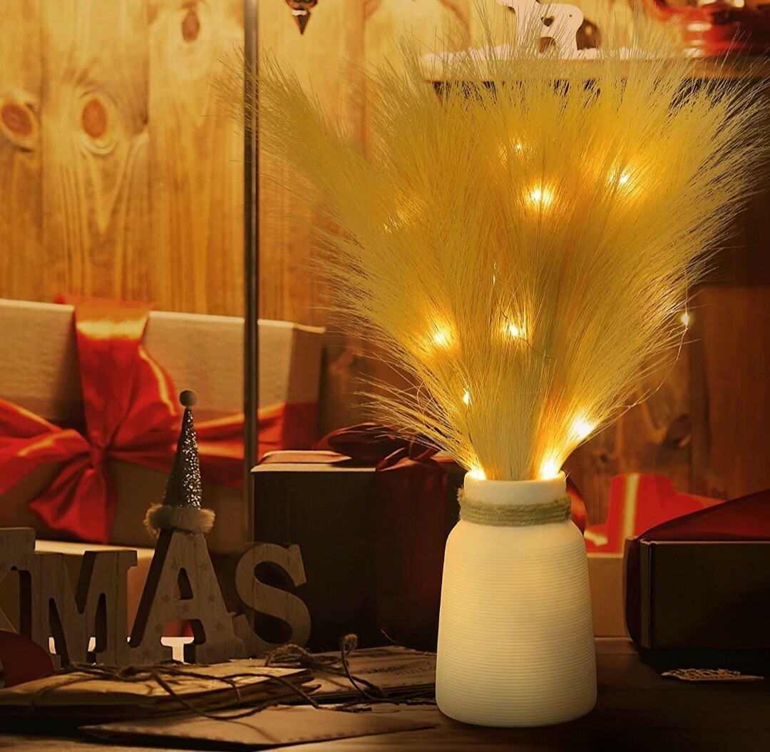 Faux Pampas Grass, Set of 6 Stems 17” Short Artificial Fake Flowers with light