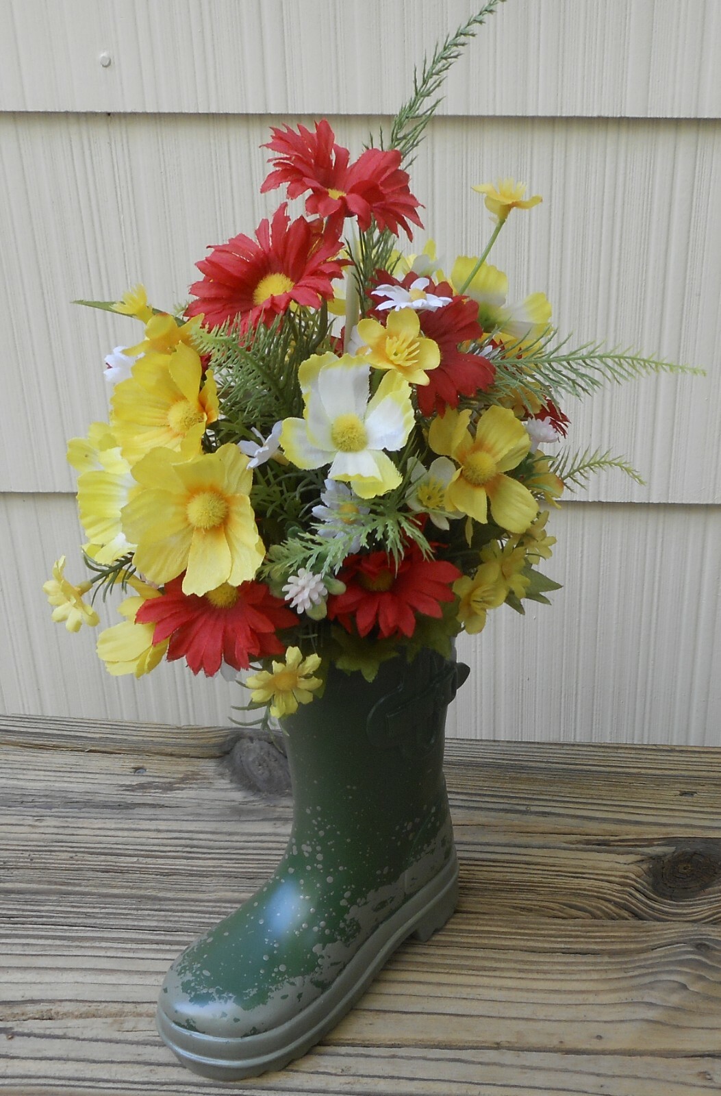 14″ tall Yellow Red Floral Ceramic Green Rain Boot Vase Summer Table Arrangement