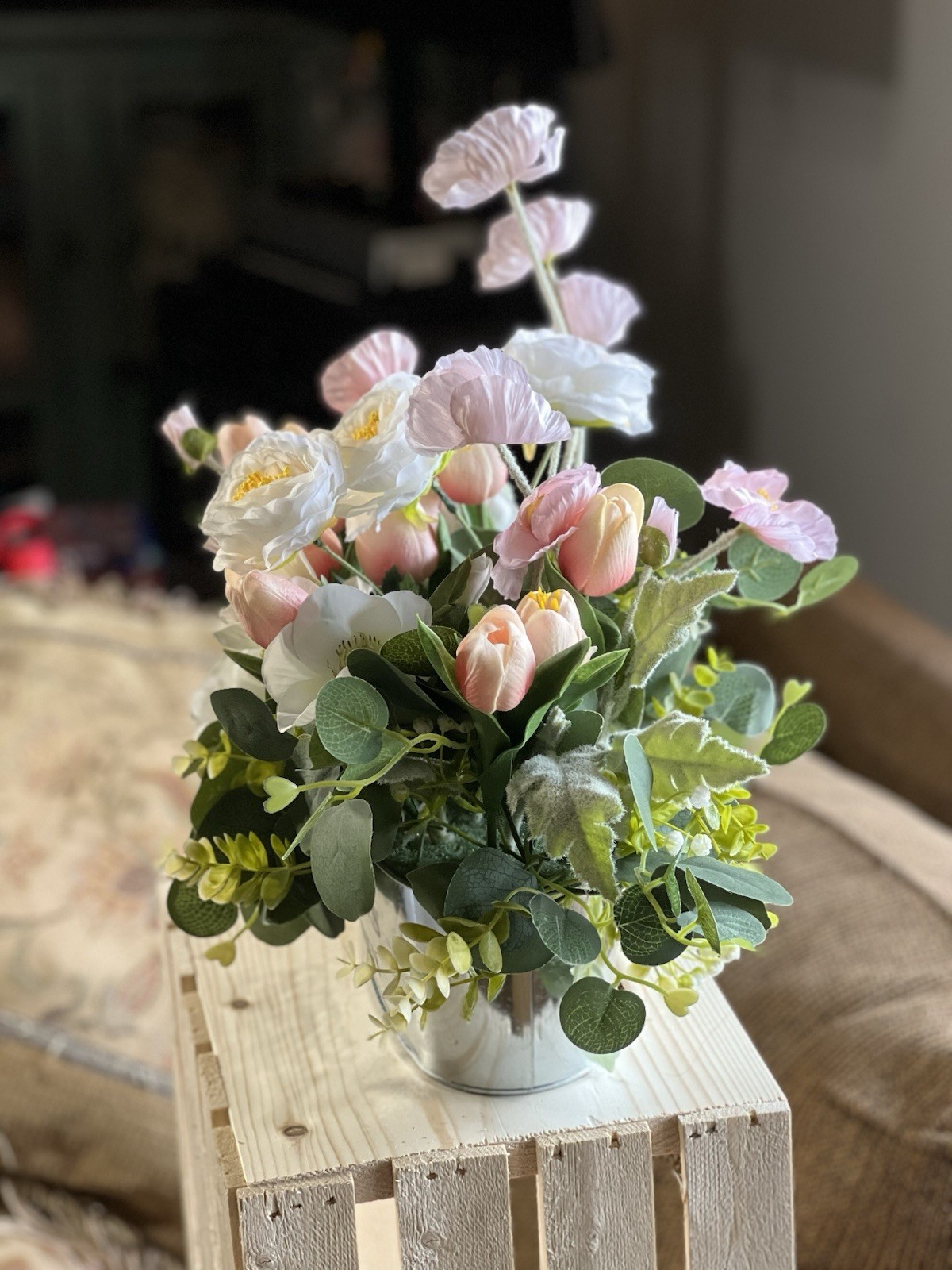 Cottagecore Silk Flower Centerpiece – Pink Tulips & White Peonies Oval Metal Tin