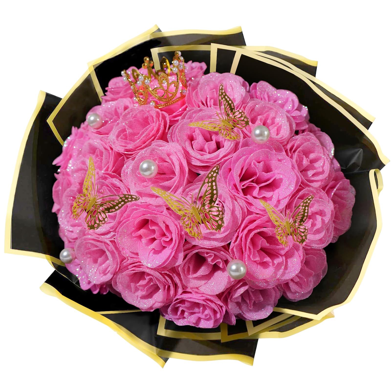 Pink Glitter Roses Bouquet, 24 Pcs Shiny Glitter Flowers Bouquet, Everlasting…