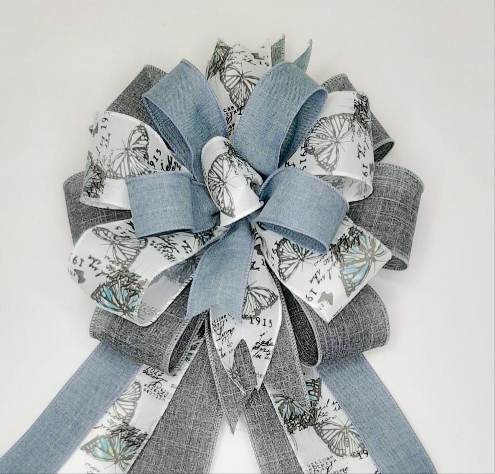 Wreath Bow, Gray Linen, Denim Linen, Butterfly Print