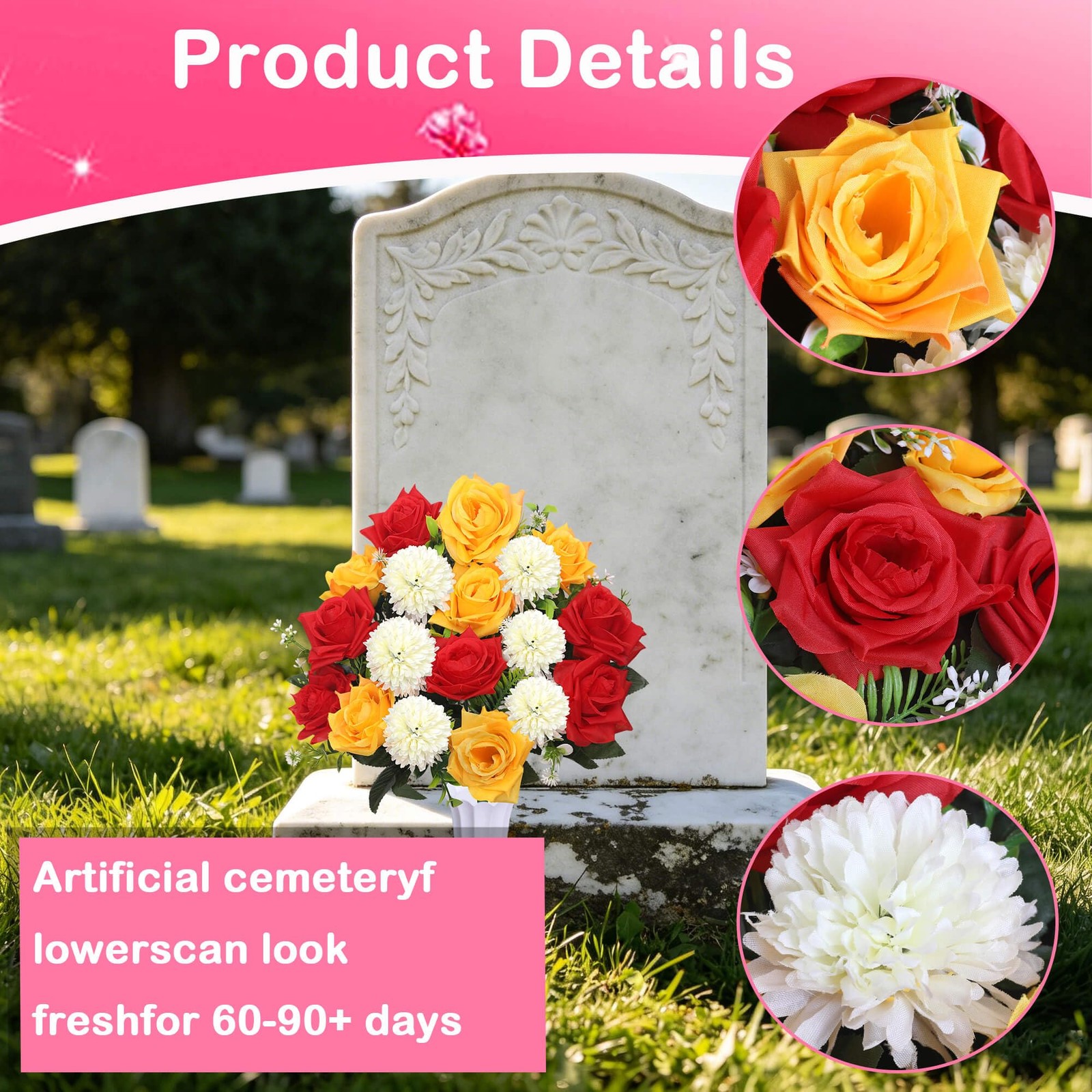 Set of 2 Artificial Bouquet Grave Memorial Flowers with Vase, Realistic Vibra…
