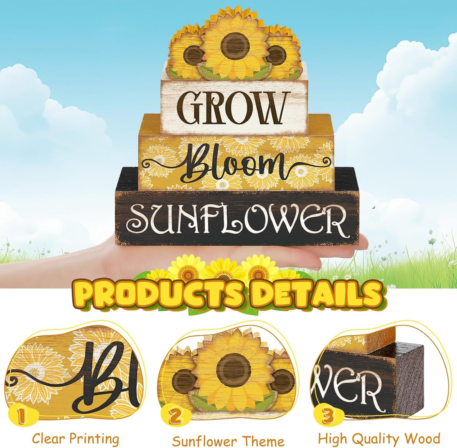Sunflower Tiered Tray Decor Set Summer Wooden Sign Book Stack 4pc
